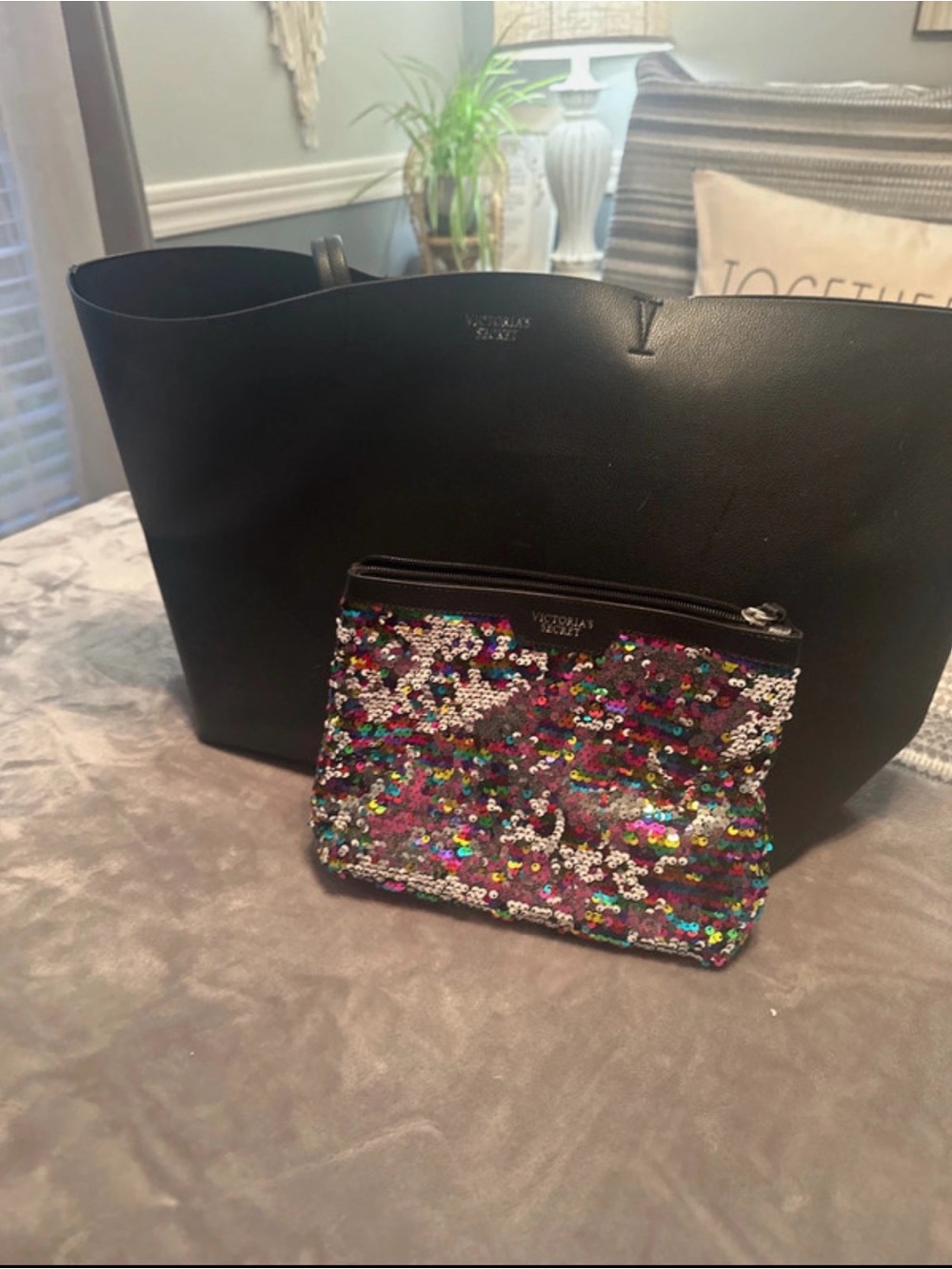 Victoria's Secret Black Tote with Multicolor Sequin Pouch